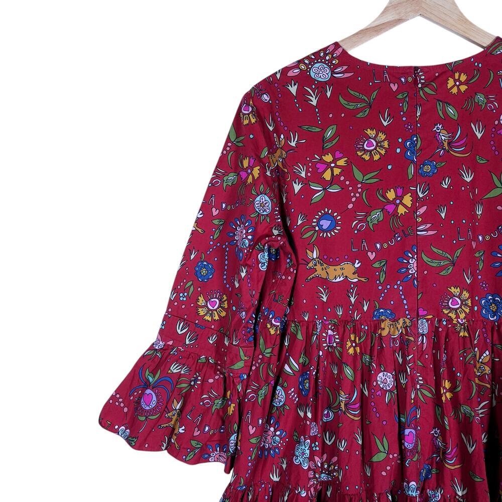La DoubleJ Womens Bambi Dress Red Floral Print 40 Midi Long Sleeve Boho Chic Fit - Picture 9 of 15
